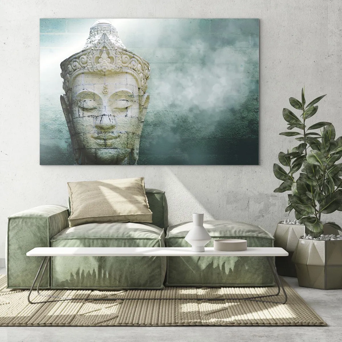 Tablou pe sticlă - Statuia lui Buddha într-o atmosferă mistică - 70x50cm - Căutând iluminarea - Decorațiune modernă pentru perete pentru living și dormitor ARTTOR