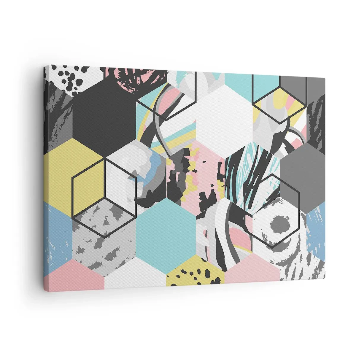 Tablou pe pânză Canvas - Model hexagonal geometric cu detalii abstracte colorate - 70x50cm - Hexagoane și cuburi în șase culori - Decorațiune modernă pentru perete pentru living și dormitor ARTTOR