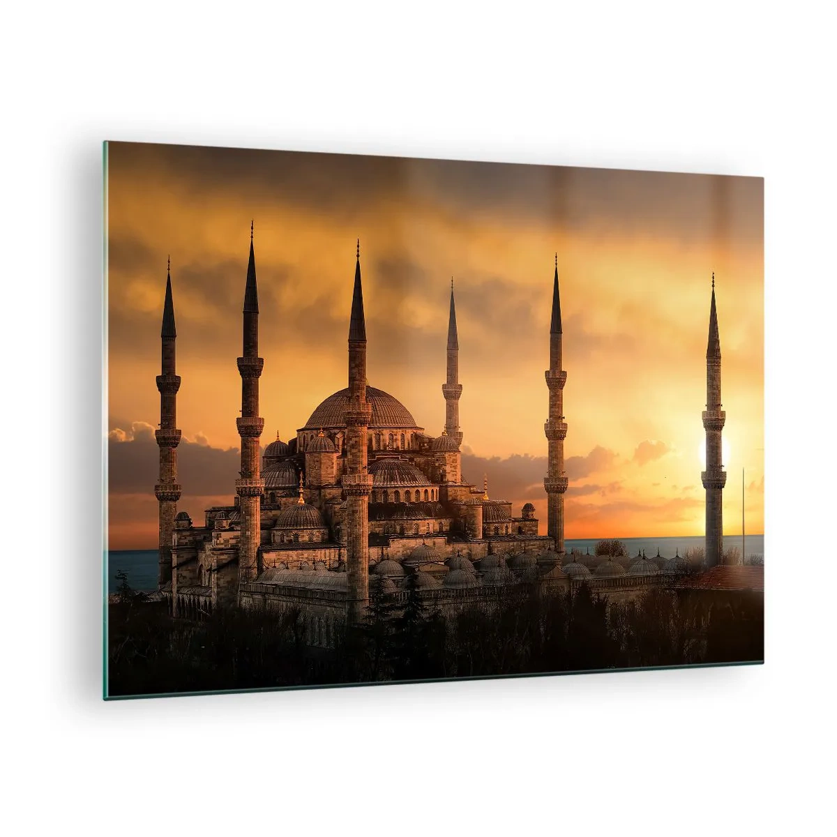 Tablou pe sticlă - Moscheea Albastră pe fundalul apusului de soare - 70x50cm - Dumnezeu este mare - Decorațiune modernă pentru perete pentru living și dormitor ARTTOR