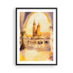 Poster în ramă neagră - O acuarelă care înfățișează piața din Cracovia la apus. - 50x70cm - Răsărit în Cracovia - Decorațiune modernă pentru perete pentru living și dormitor ARTTOR