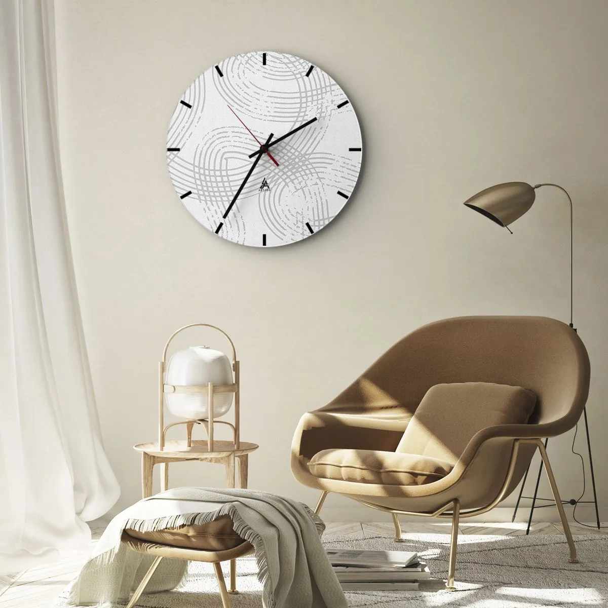 Ceas de perete - Ceas pe sticlă - Linii gri, intersectate, formând un model pe un fundal alb - 30x30cm - Nu există o cale ușoară - Decorațiune modernă pentru perete pentru living, bucătărie și dormitor ARTTOR
