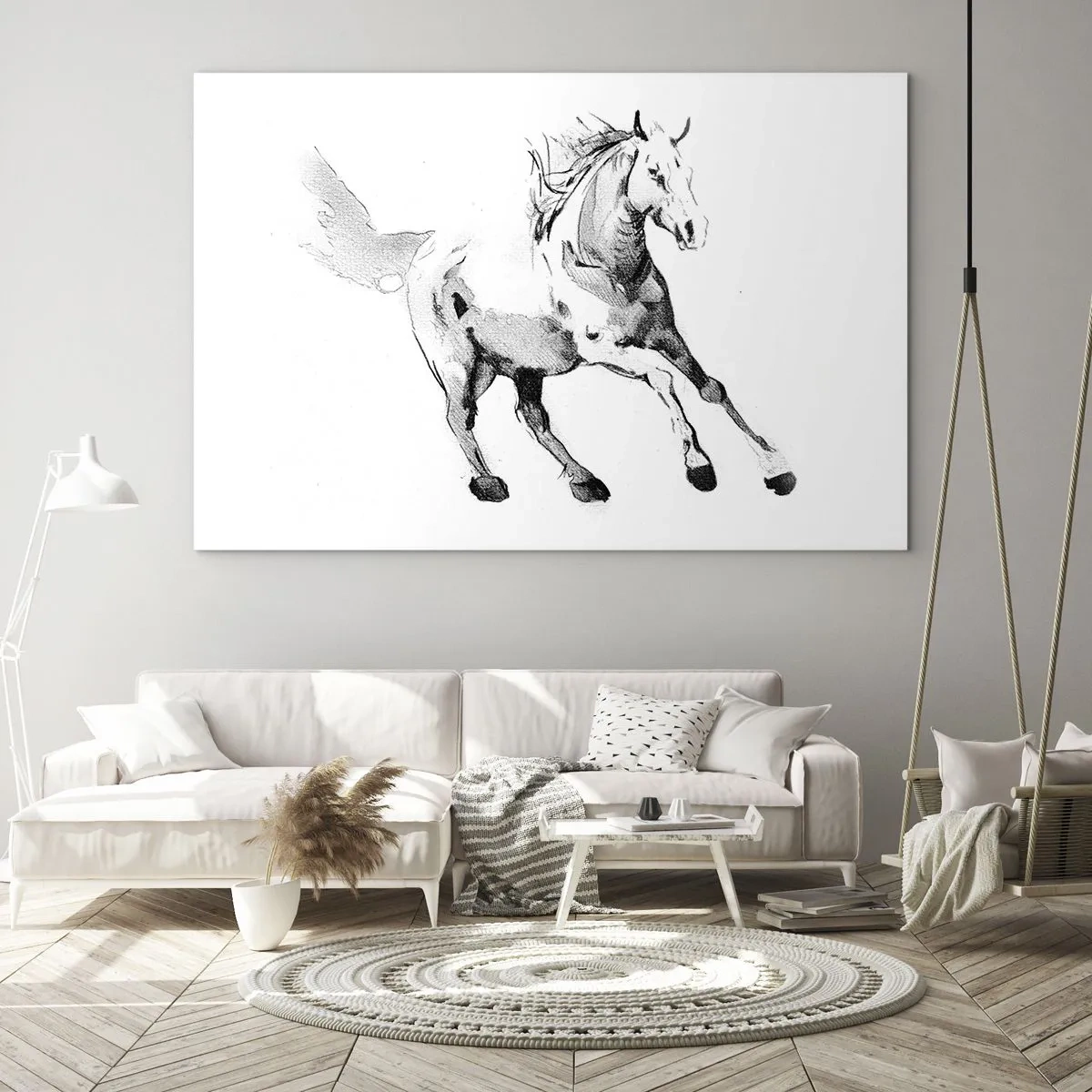 Tablou pe sticlă - Schiță alb-negru a unui cal în galop pe fundal alb - 70x50cm - Suflet neîmblânzit - Decorațiune modernă pentru perete pentru living și dormitor ARTTOR