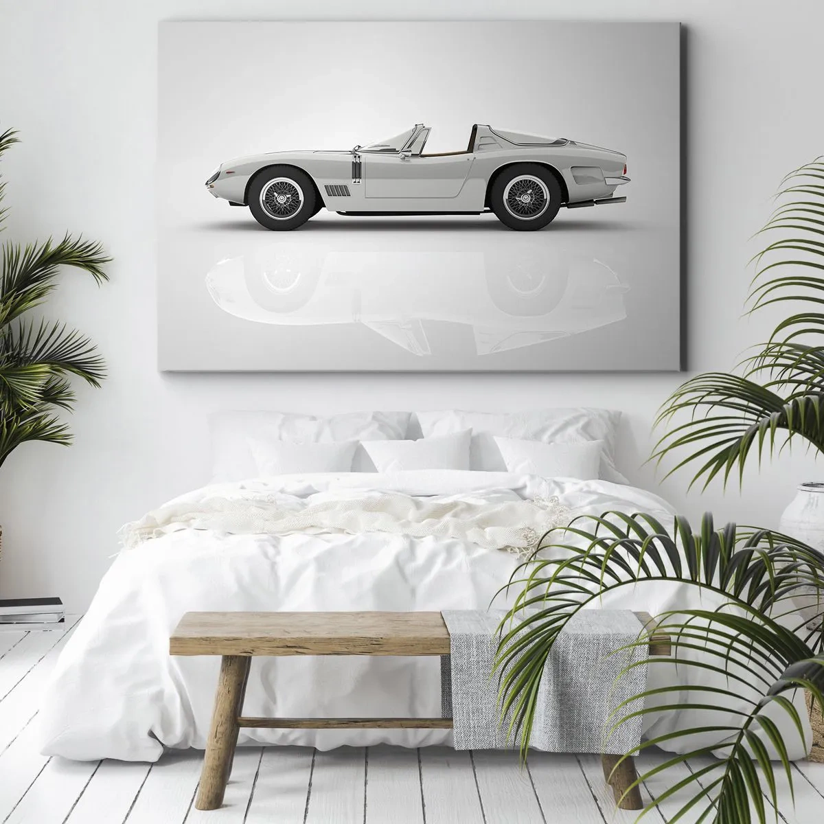 Tablou pe pânză Canvas - Cabriolet alb clasic pe fundal deschis - 70x50cm - Promisiunea distracției - Decorațiune modernă pentru perete pentru living și dormitor ARTTOR