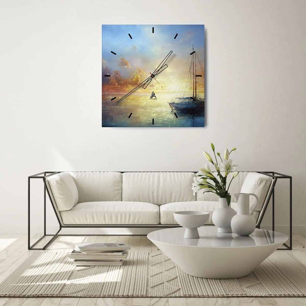 Ceas de perete - Ceas pe sticlă - Într-un golf de aur - 30x30 cm