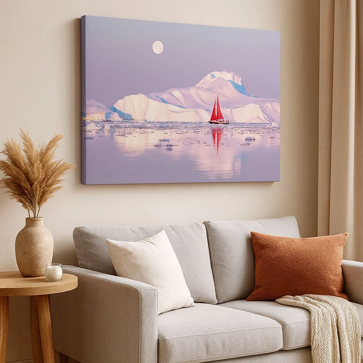 Tablou pe pânză Canvas - O velă roșie pe fundalul munților înghețați și al lunii pline. - 70x50cm - Căldura pânzei, frigul gheții - Decorațiune modernă pentru perete pentru living și dormitor ARTTOR