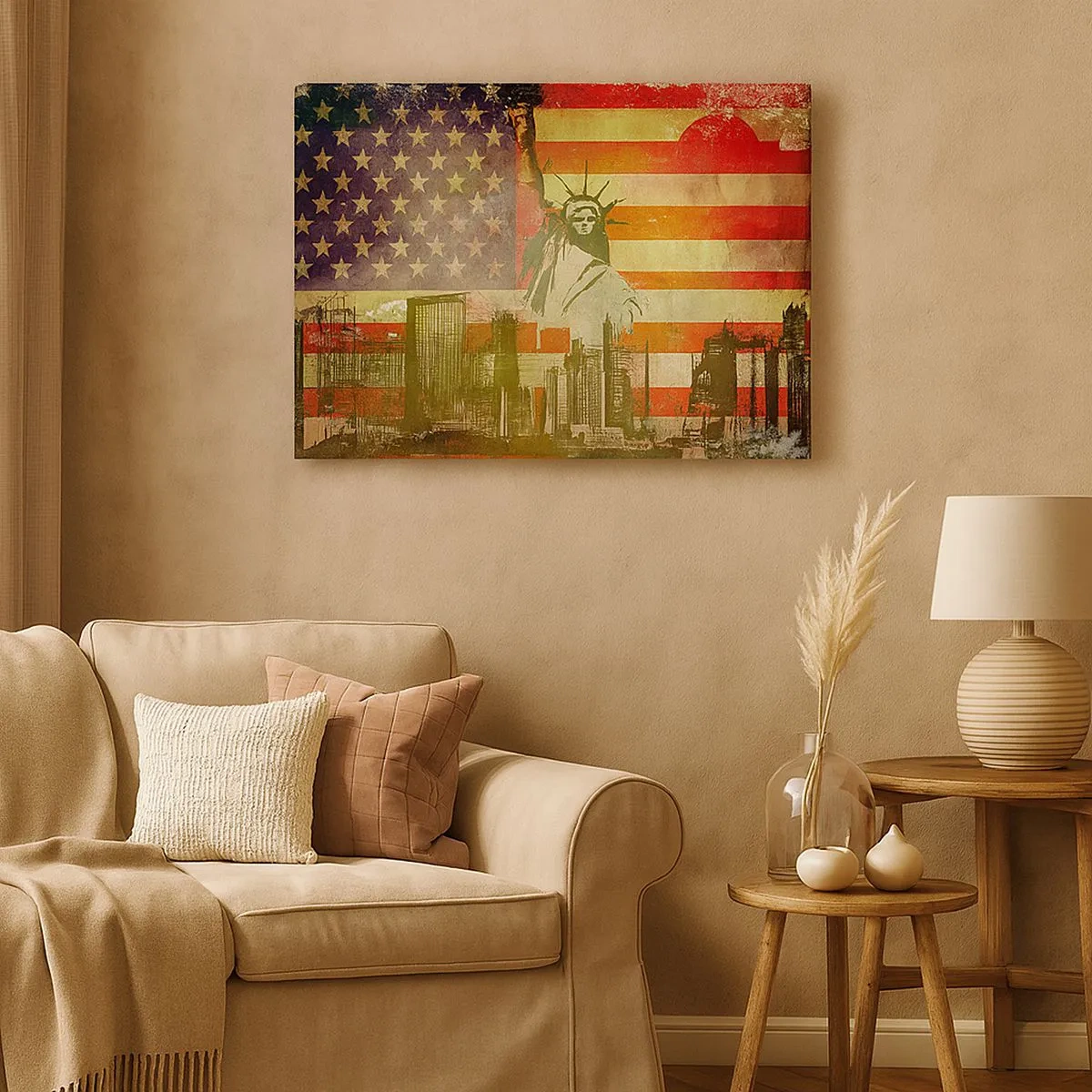 Tablou pe pânză Canvas - Statuia Libertății pe fundalul steagului american și al orizontului orașului - 70x50cm - Viva America! - Decorațiune modernă pentru perete pentru living și dormitor ARTTOR