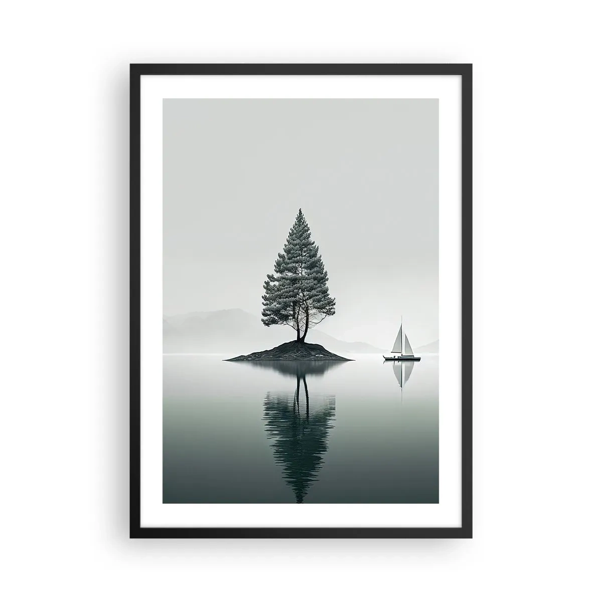 Poster în ramă neagră - Un copac singuratic pe o insulă cu o reflexie în apă - 50x70cm - Visând cu ochii deschiși - Decorațiune modernă pentru perete pentru living și dormitor ARTTOR