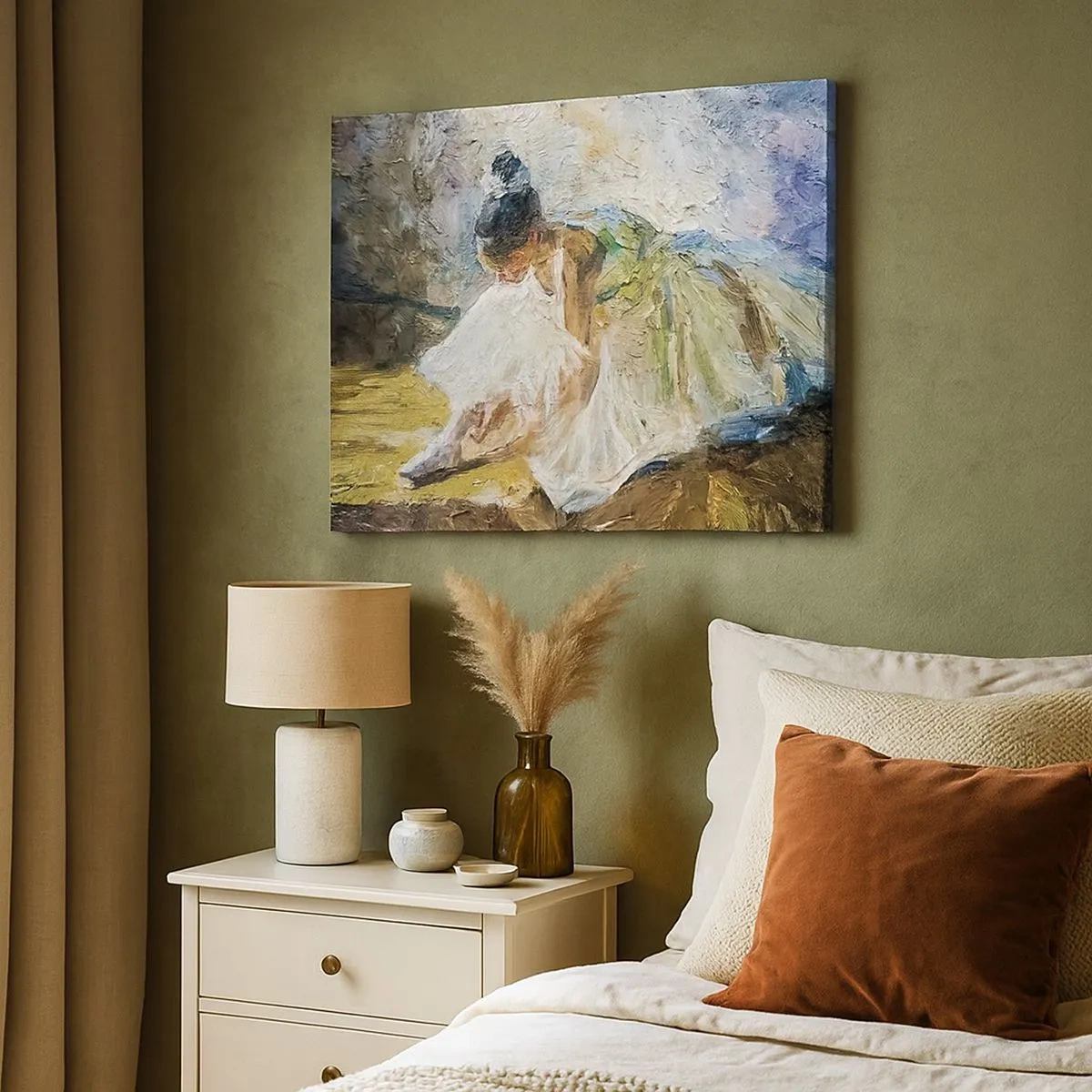 Tablou pe pânză Canvas - O balerină într-o rochie albă, în stil pictural, pe un fundal impresionist. - 70x50cm - Dintr-un tablou de Degas - Decorațiune modernă pentru perete pentru living și dormitor ARTTOR