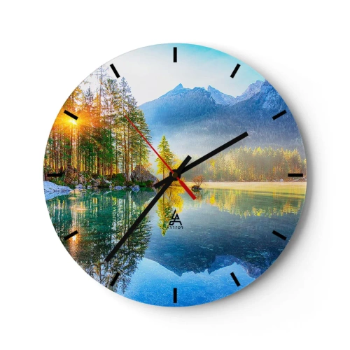 Ceas de perete - Ceas pe sticlă - Lac de munte în zori cu reflexii ale copacilor și vârfurilor - 30x30cm - Maiestate și dulceață - Decorațiune modernă pentru perete pentru living, bucătărie și dormitor ARTTOR