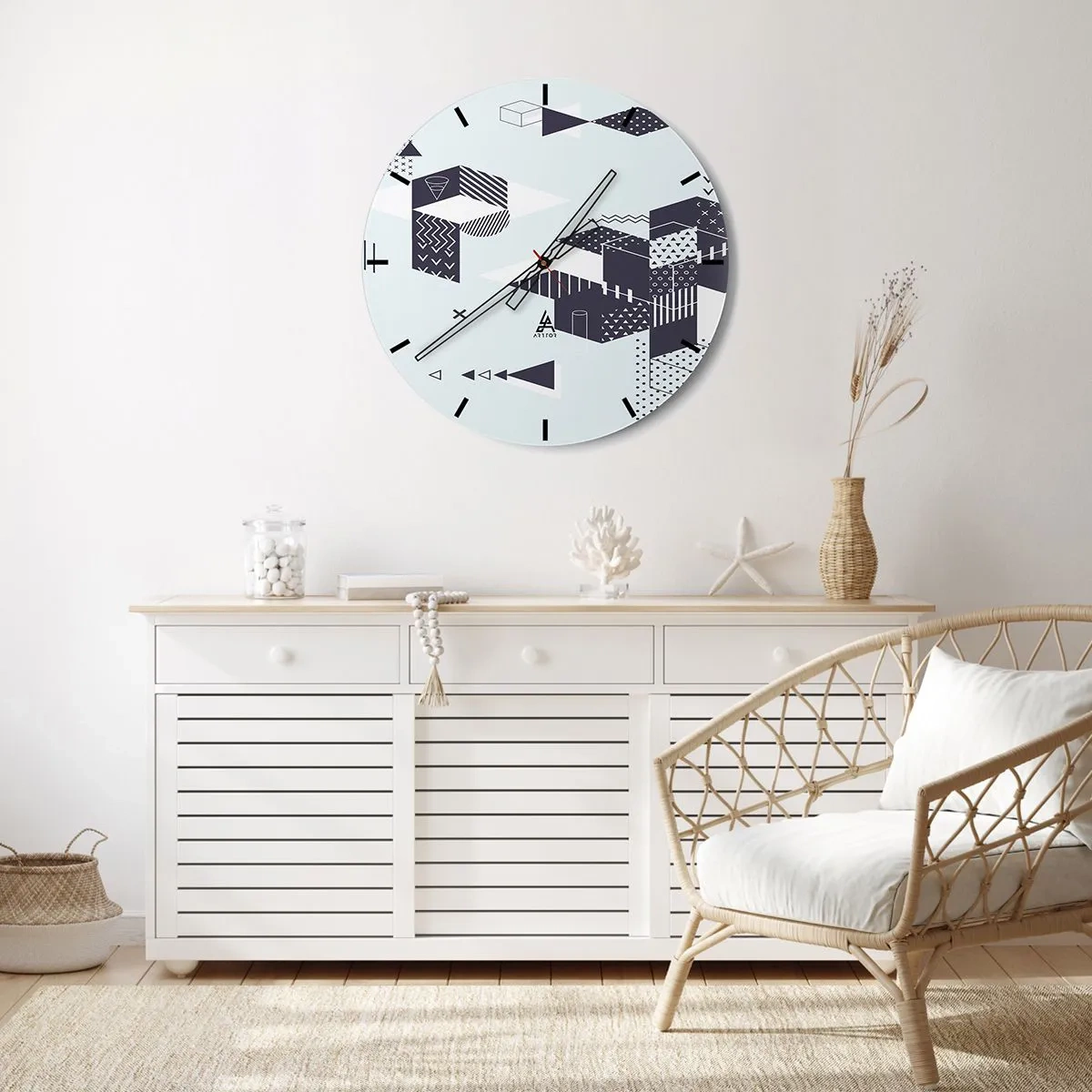 Ceas de perete - Ceas pe sticlă - Modele geometrice în alb și negru - 30x30cm - În sufletul matematicii - Decorațiune modernă pentru perete pentru living, bucătărie și dormitor ARTTOR