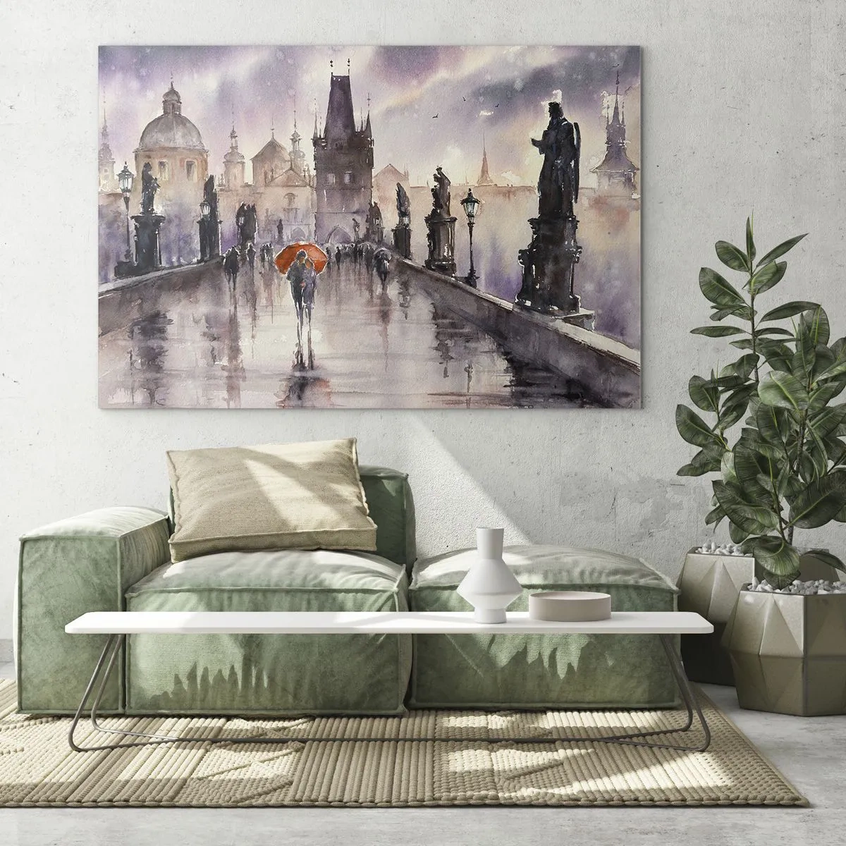 Tablou pe sticlă - Mergând prin ploaie pe un pod cu o umbrelă portocalie - 70x50cm - Oamenii nu se schimbă - Decorațiune modernă pentru perete pentru living și dormitor ARTTOR