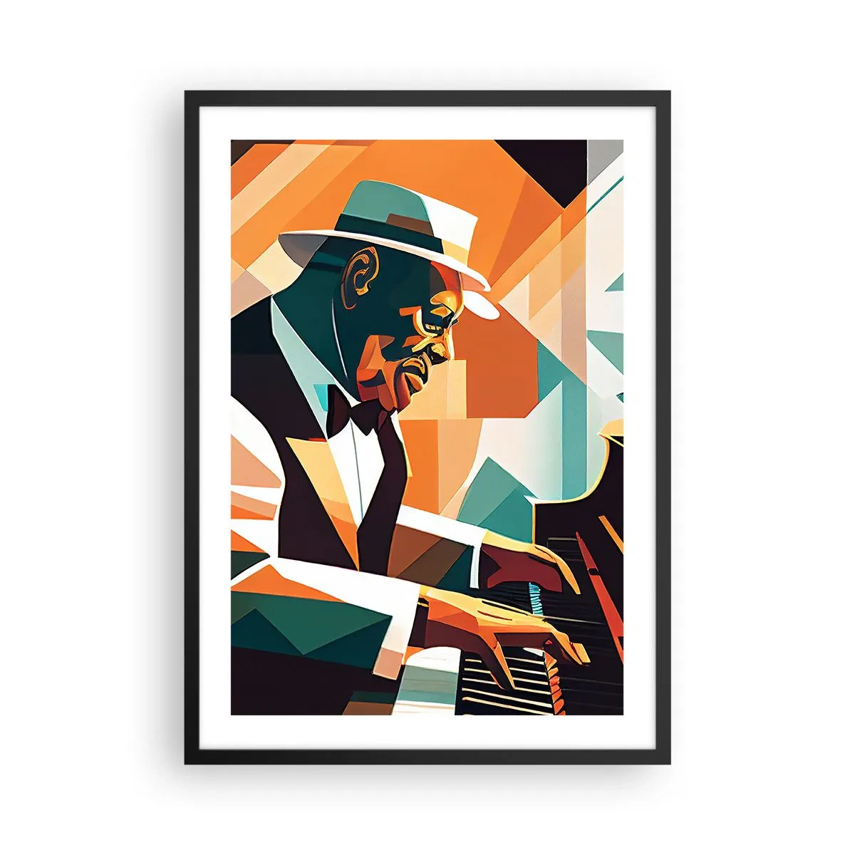Poster în ramă neagră - Portretul abstract al unui pianist în stil cubist - 50x70cm - Numai jazz - Decorațiune modernă pentru perete pentru living și dormitor ARTTOR