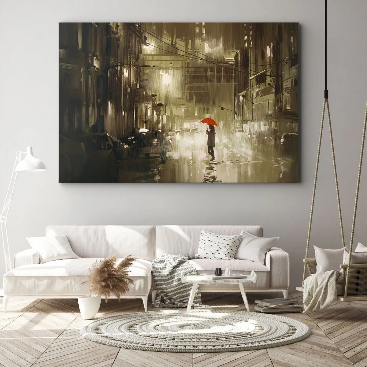 Tablou pe pânză Canvas - O figură cu o umbrelă roșie într-un oraș ploios - 70x50cm - Singură, dar nu singuratică - Decorațiune modernă pentru perete pentru living și dormitor ARTTOR