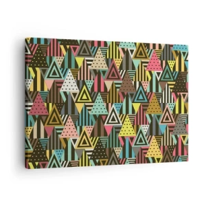 Tablou pe pânză Canvas - Model geometric colorat cu triunghiuri și linii - 70x50cm - În ritm de trei - Decorațiune modernă pentru perete pentru living și dormitor ARTTOR