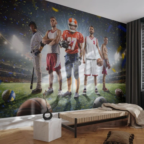 Tapet Standard Eco - Sportivi de diverse discipline pe stadion, sub lumina reflectoarelor - 100x70cm - Gladiatori ai terenului de joc - Decorațiune modernă pentru perete pentru living și dormitor ARTTOR