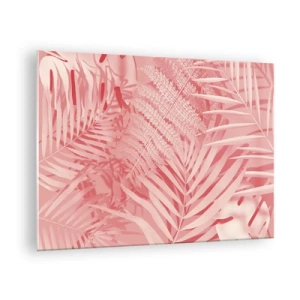 Tablou pe sticlă - Frunze tropicale roz într-o compoziție modernă - 70x50cm - Conceptul roz - Decorațiune modernă pentru perete pentru living și dormitor ARTTOR