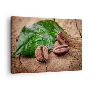 Tablou pe pânză Canvas - Boabe de cafea și frunză verde pe fundal de lemn - 70x50cm - Cea mai adevărată și închisă la culoare - Decorațiune modernă pentru perete pentru living și dormitor ARTTOR