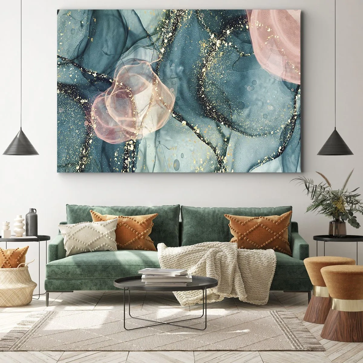 Tablou pe pânză Canvas - O compoziție abstractă în nuanțe de turcoaz și auriu. - 70x50cm - Mătase albastră, tul roz - Decorațiune modernă pentru perete pentru living și dormitor ARTTOR