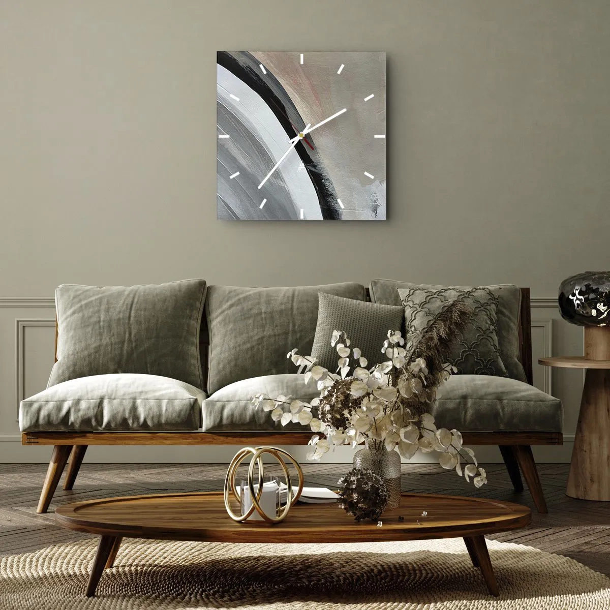 Ceas de perete - Ceas pe sticlă - Compoziție: arc de negru și gri - 40x40 cm