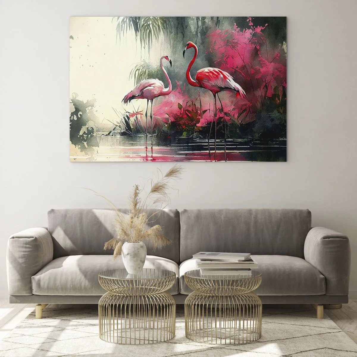 Tablou pe sticlă - Doi flamingi într-un cadru tropical lângă apă - 70x50cm - O lecție de farmec natural - Decorațiune modernă pentru perete pentru living și dormitor ARTTOR