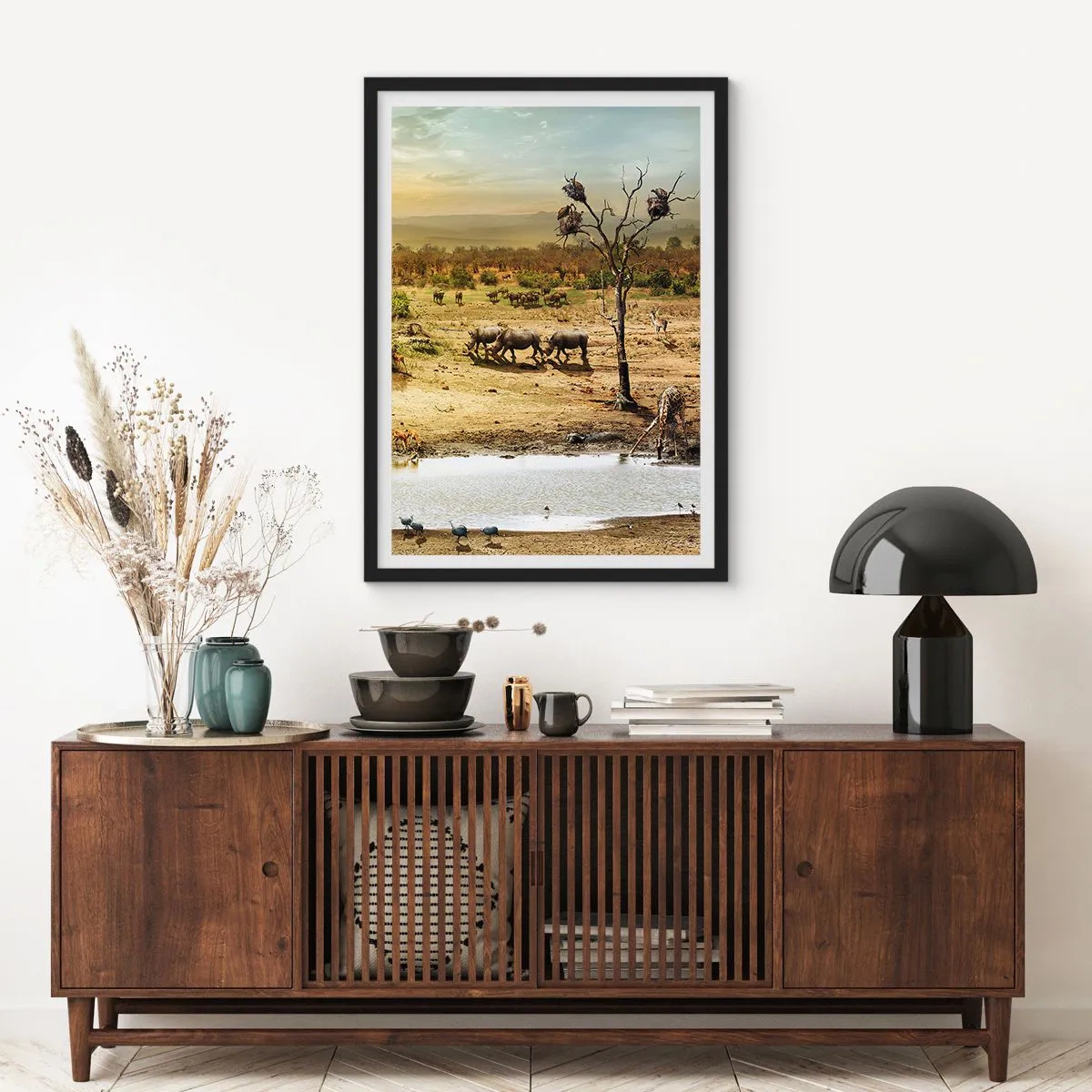 Poster în ramă neagră - Savană cu rinoceri și o adăpătoare - 50x70cm - "Și din Eden curgea un râu..." - Decorațiune modernă pentru perete pentru living și dormitor ARTTOR