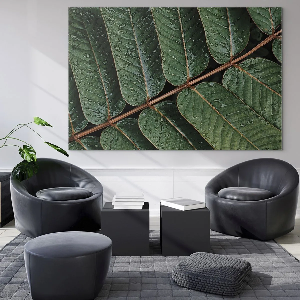 Tablou pe sticlă - Prim-plan cu frunze verzi cu picături de apă - 70x50cm - Într-un ritm verde - Decorațiune modernă pentru perete pentru living și dormitor ARTTOR