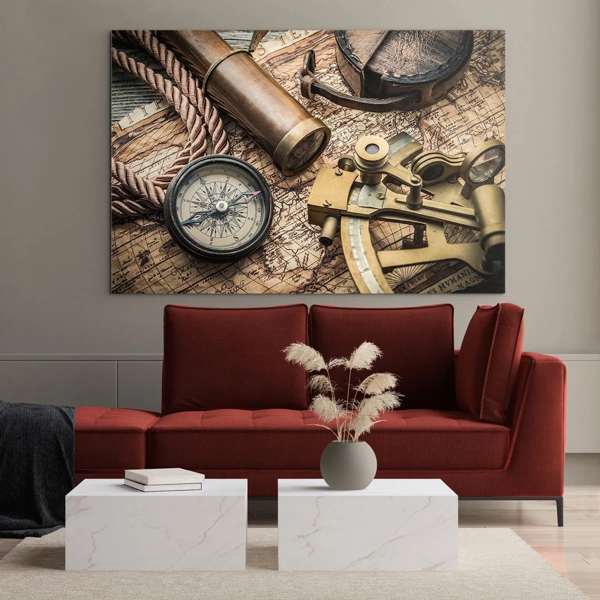 Tablou pe sticlă - Busolă, hartă și instrumente de navigație în stil retro - 70x50cm - Stabilește cursul - Decorațiune modernă pentru perete pentru living și dormitor ARTTOR