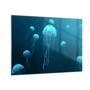Tablou pe sticlă - Meduze plutind în oceanul albastru adânc - 70x50cm - Dansul oceanic - Decorațiune modernă pentru perete pentru living și dormitor ARTTOR