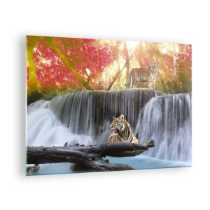 Tablou pe sticlă - Tigri pe fundalul unei cascade și al unui peisaj de toamnă - 70x50cm - Peisaj suprarealist    - Decorațiune modernă pentru perete pentru living și dormitor ARTTOR