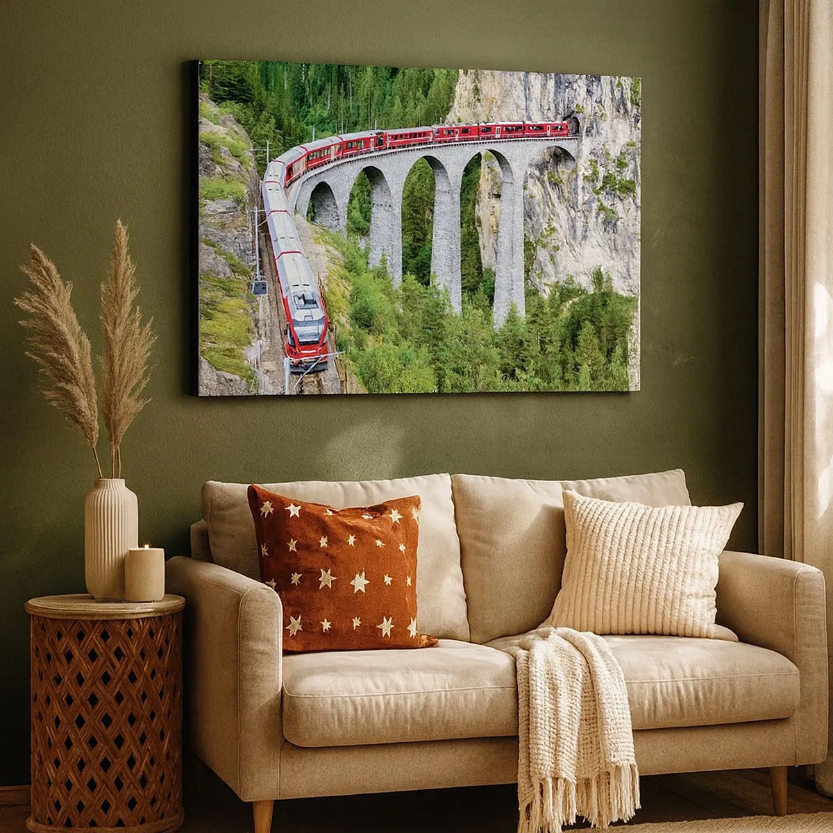 Tablou pe pânză Canvas - Un tren pe un viaduct pitoresc într-un peisaj muntos - 70x50cm - Cu trenul prin munți - Decorațiune modernă pentru perete pentru living și dormitor ARTTOR