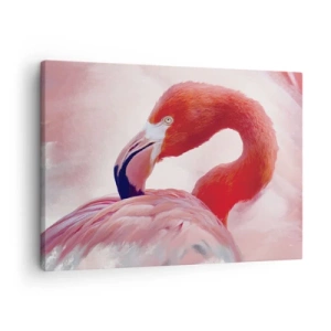 Tablou pe pânză Canvas - Un flamingo în tonuri de roz pe un fundal deschis - 70x50cm - Frumusețea păsărilor - Decorațiune modernă pentru perete pentru living și dormitor ARTTOR