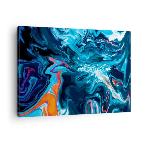 Tablou pe pânză Canvas - Un model abstract în nuanțe de albastru cu accente portocalii. - 70x50cm - Călătorie spre centrul cerului - Decorațiune modernă pentru perete pentru living și dormitor ARTTOR