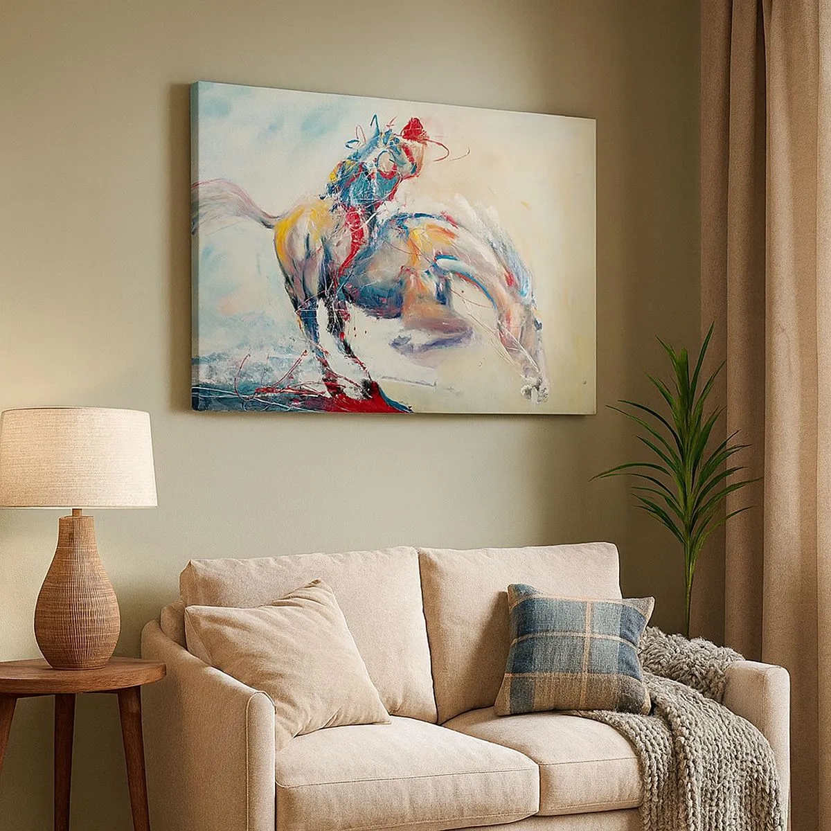 Tablou pe pânză Canvas - O imagine dinamică a unui cal într-un stil artistic abstract. - 70x50cm - Ai grijă, să zburăm - Decorațiune modernă pentru perete pentru living și dormitor ARTTOR