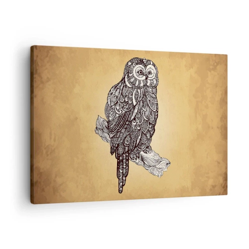 Tablou pe pânză Canvas - O bufniță în stil ornamental pe un fundal bej - 70x50cm - Ornamente complicate de înțelepciune - Decorațiune modernă pentru perete pentru living și dormitor ARTTOR