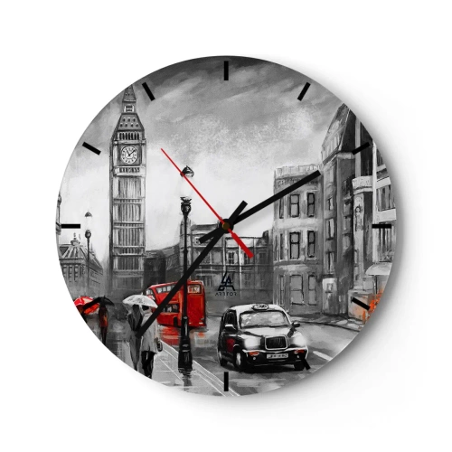 Ceas de perete - Ceas pe sticlă - Big Ben și o stradă din Londra cu un autobuz și un taxi roșu - 30x30cm - Nu este deloc un oraș gri - Decorațiune modernă pentru perete pentru living, bucătărie și dormitor ARTTOR