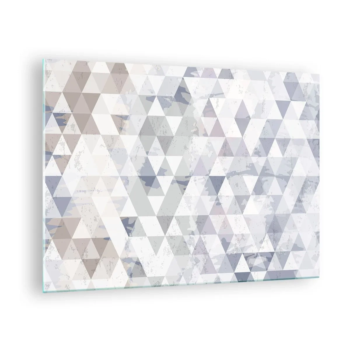 Tablou pe sticlă - Model geometric triunghiular în nuanțe neutre de gri și bej - 70x50cm - În ritm de trei - Decorațiune modernă pentru perete pentru living și dormitor ARTTOR