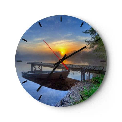 Ceas de perete - Ceas pe sticlă - O barcă la dig în timpul răsăritului de soare peste lac - 30x30cm - Cum se transformă obișnuitul în magic - Decorațiune modernă pentru perete pentru living, bucătărie și dormitor ARTTOR