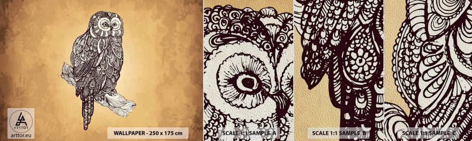 Mostră tapet Premium Sand - Ornamente complicate de înțelepciune - Bufniţă, Pasăre, Animal - 100x30 cm