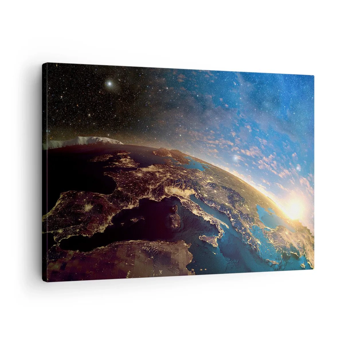 Tablou pe pânză Canvas - Vedere a Pământului din spațiu la răsăritul soarelui - 70x50cm - Să ne privim de la distanță - Decorațiune modernă pentru perete pentru living și dormitor ARTTOR
