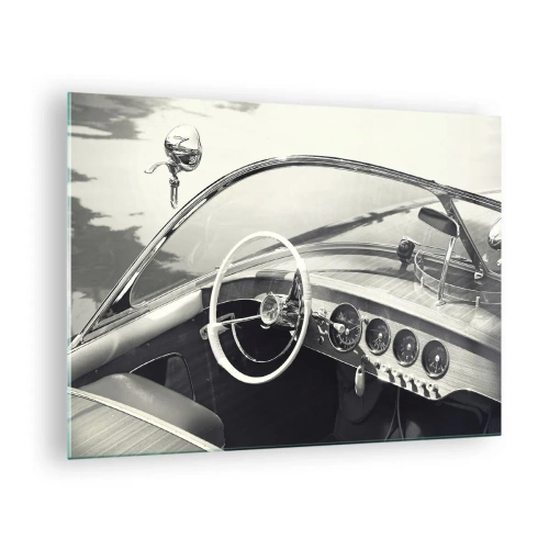 Tablou pe sticlă - Cockpit de mașină clasică în alb și negru - 70x50cm - E timpul pentru cei bogați - Decorațiune modernă pentru perete pentru living și dormitor ARTTOR