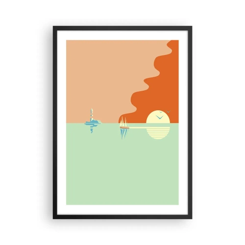 Poster în ramă neagră - Un apus de soare minimalist cu o barcă cu pânze în fundal - 50x70cm - Peisaj marin perfect - Decorațiune modernă pentru perete pentru living și dormitor ARTTOR