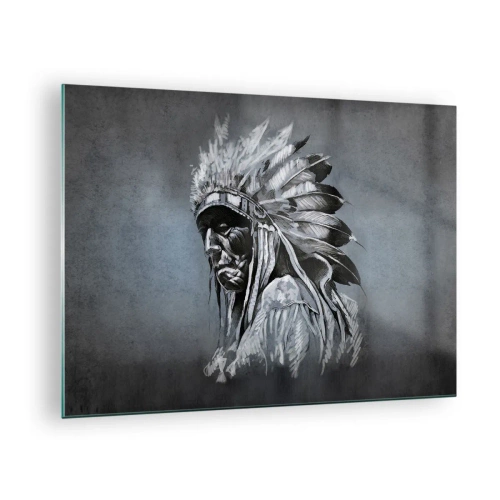 Tablou pe sticlă - Portretul unui bărbat cu o coafură din pene pe un fundal gri închis - 70x50cm - Înapoi la rădăcini - Decorațiune modernă pentru perete pentru living și dormitor ARTTOR