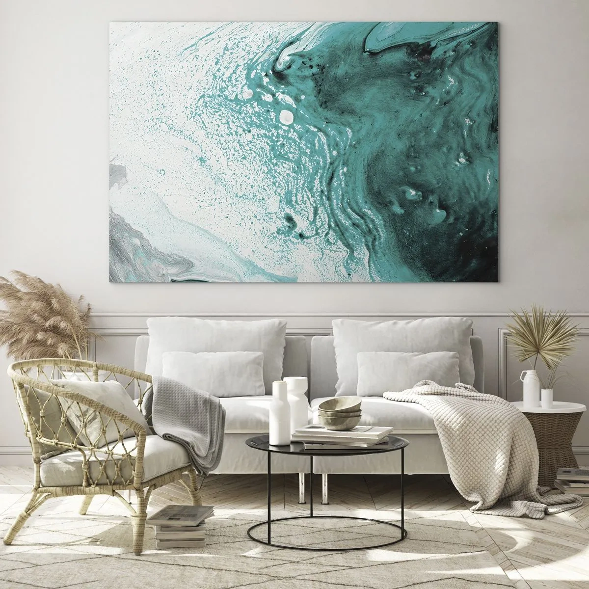 Tablou pe sticlă - O pictură abstractă în nuanțe de alb și turcoaz - 70x50cm - Dizolvându-se în alb și turcoaz - Decorațiune modernă pentru perete pentru living și dormitor ARTTOR