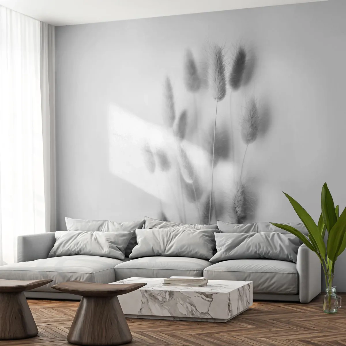 Tapet Standard Eco - Pufoșenia ierbii - Iarbă, alb-negru, Flori - 400x280 cm