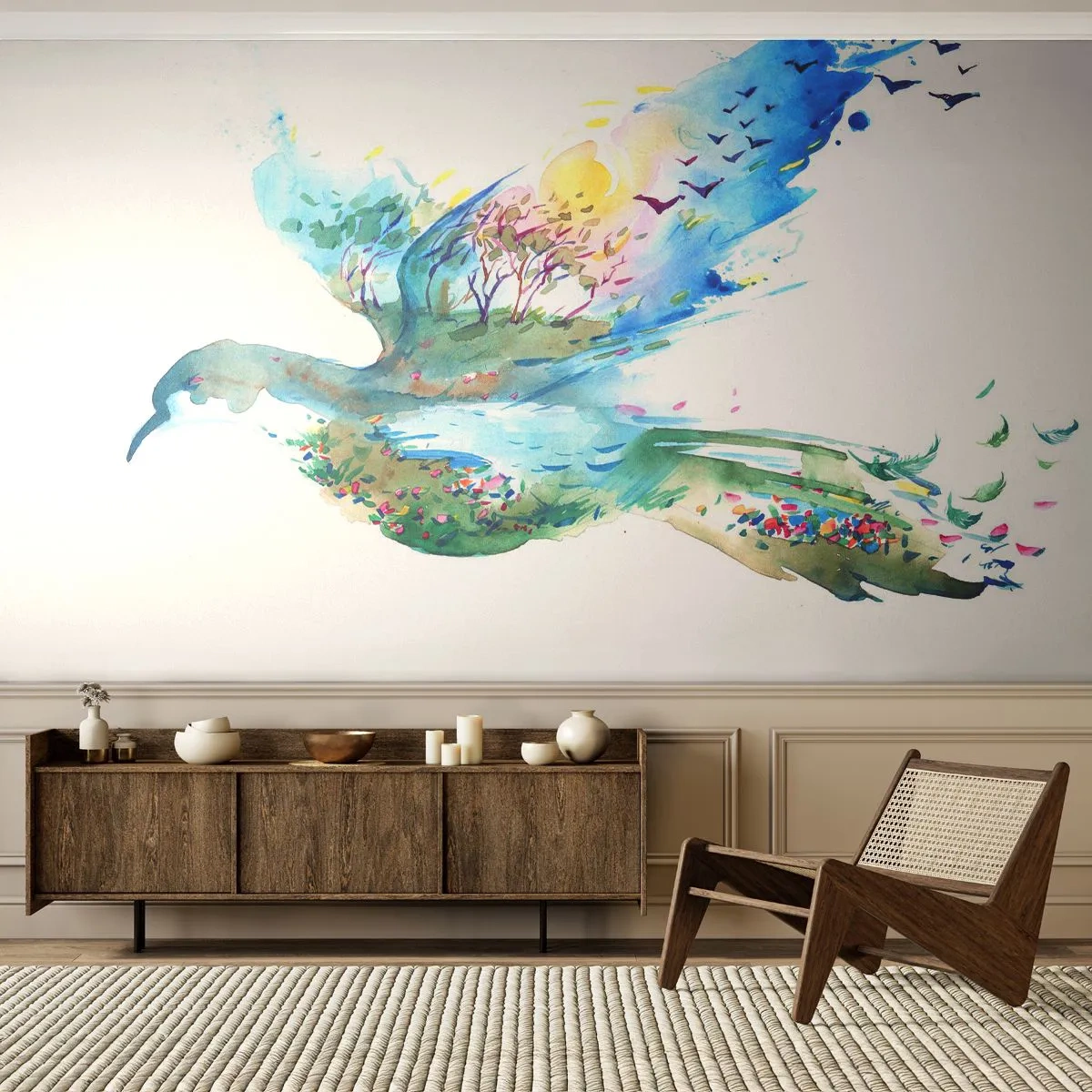 Tapet Autoadeziv Deluxe Sticker - Pe aripile naturii - Abstracția, Pasăre, Peisaj de vară - 250x175 cm