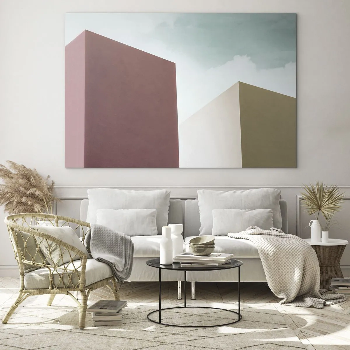 Tablou pe sticlă - Clădiri geometrice în culori pastelate - 70x50cm - Geometria unei veri însorite - Decorațiune modernă pentru perete pentru living și dormitor ARTTOR
