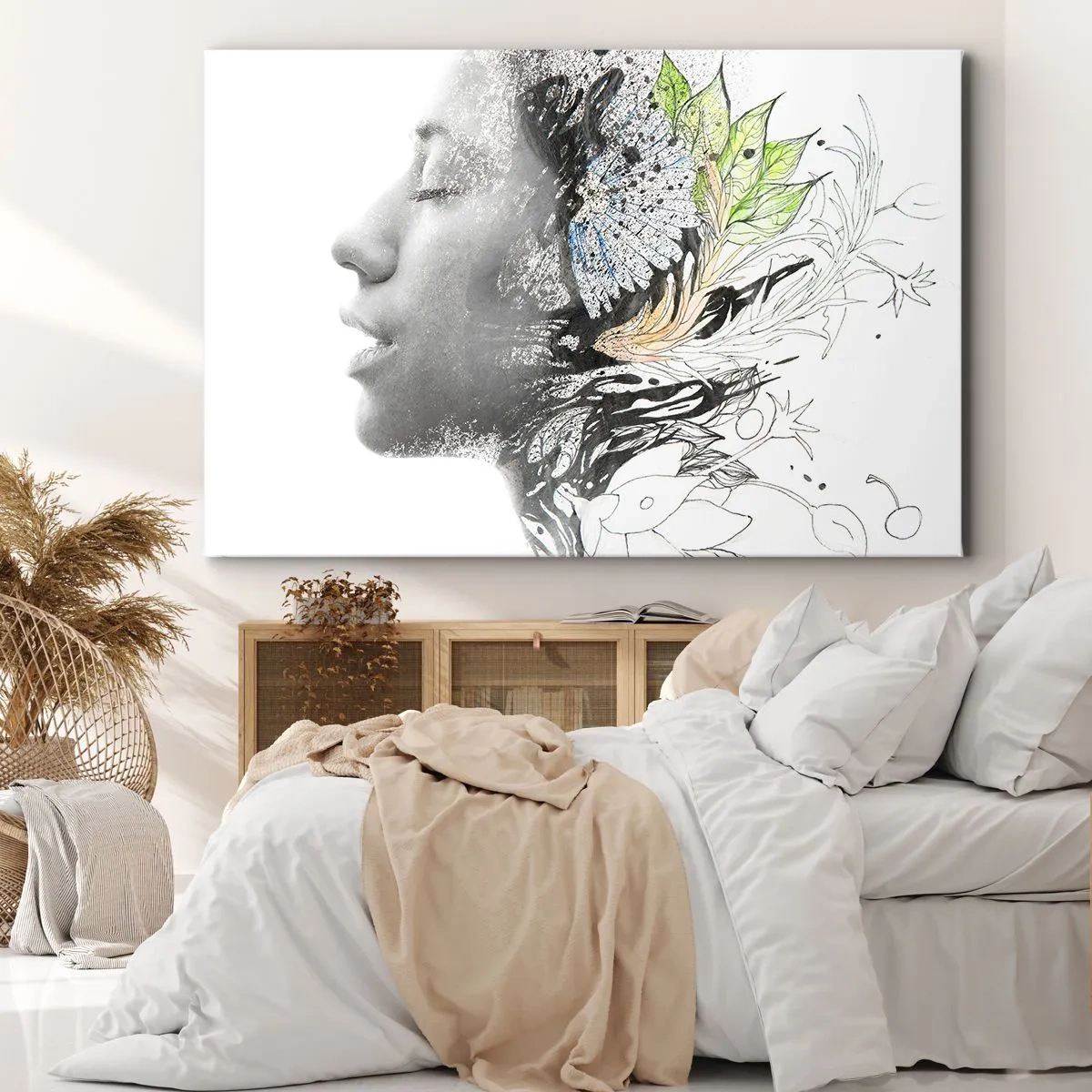 Tablou pe pânză Canvas - Profilul unei femei într-un colaj artistic de natură și negru - 70x50cm - Scufundată în natură - Decorațiune modernă pentru perete pentru living și dormitor ARTTOR