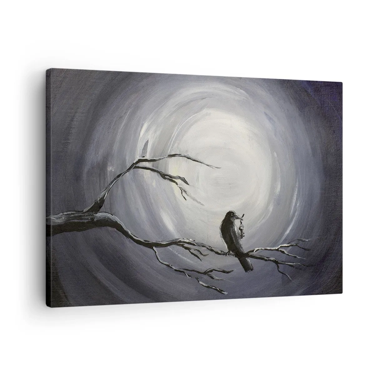 Tablou pe pânză Canvas - Pasăre neagră pe o creangă în lumina lunii - 70x50cm - Cheia pentru misterul nopții - Decorațiune modernă pentru perete pentru living și dormitor ARTTOR