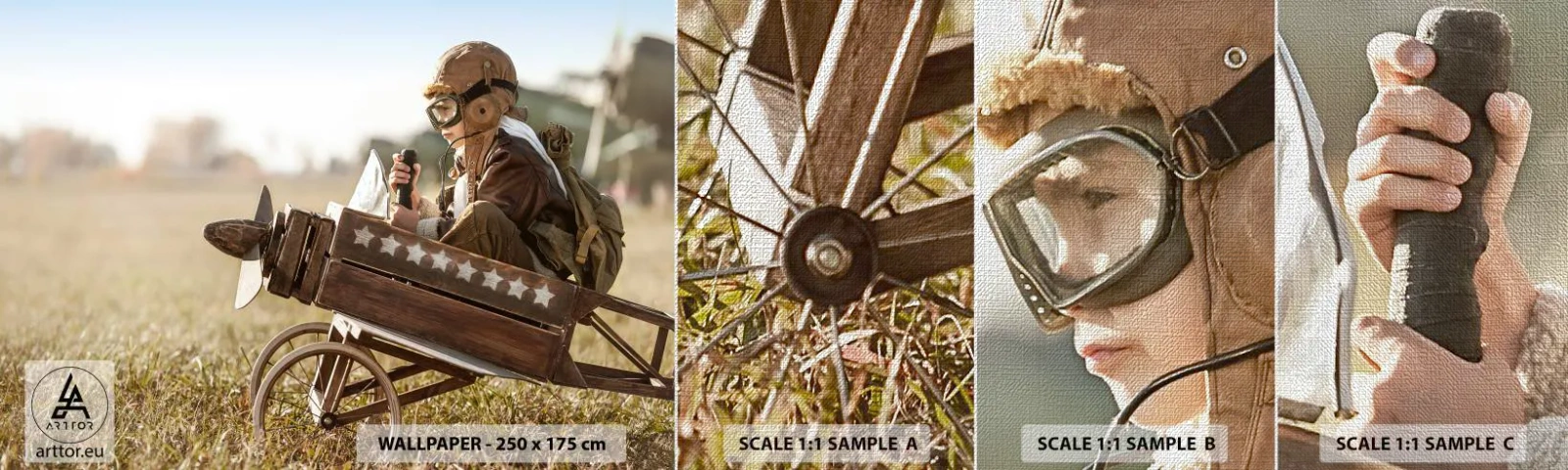 Mostră tapet Premium Canvas - Porniți spre vis - Băiat, Avion, Epocă - 100x30 cm