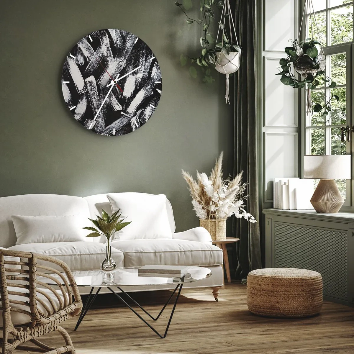 Ceas de perete - Ceas pe sticlă - Tușe albe de pensulă pe fundal negru în stil industrial - 30x30cm - Abstracție în spirit industrial - Decorațiune modernă pentru perete pentru living, bucătărie și dormitor ARTTOR